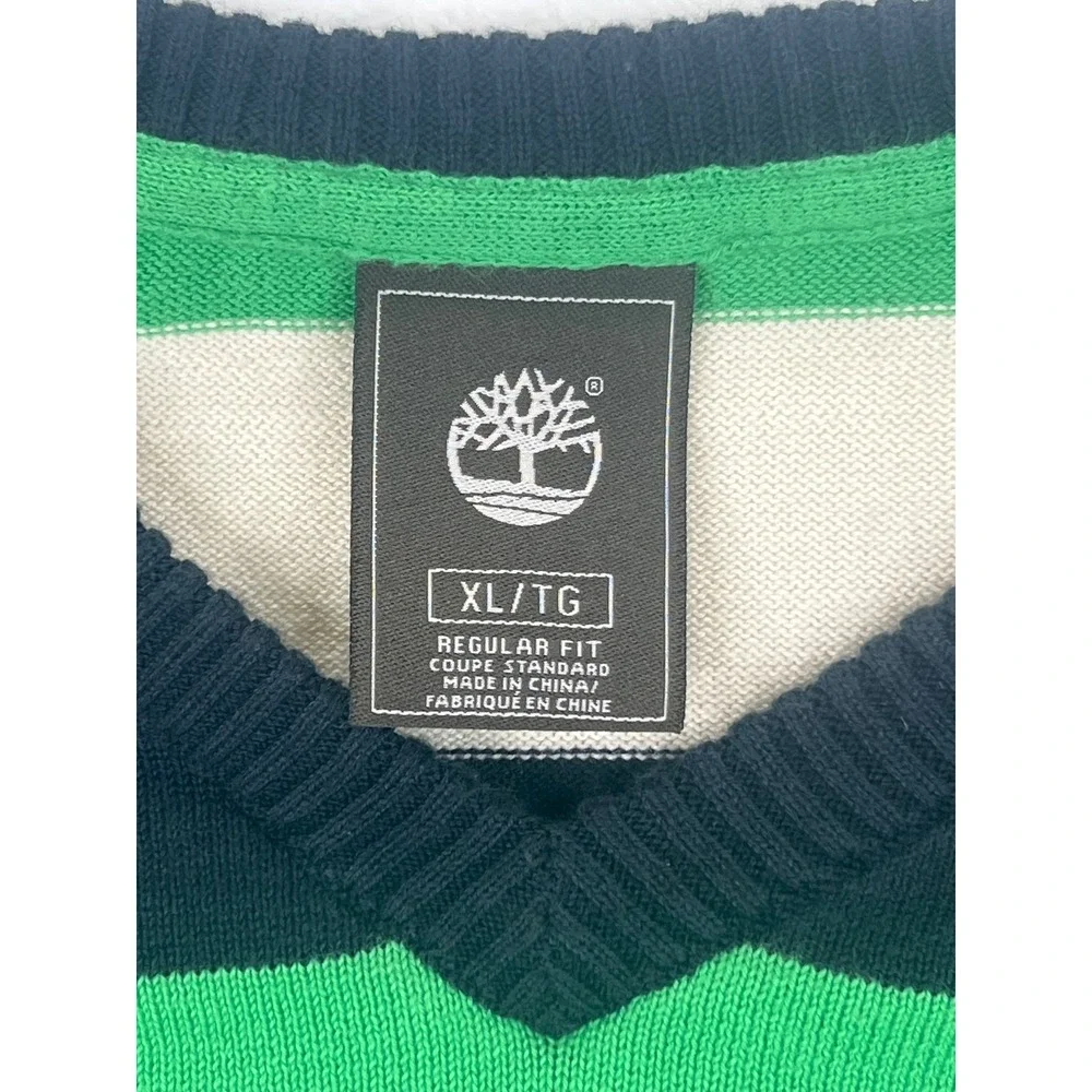 Timberland Mens V Neck Striped Sweater Green Navy Cream‎ XL Regular Fit Cotton